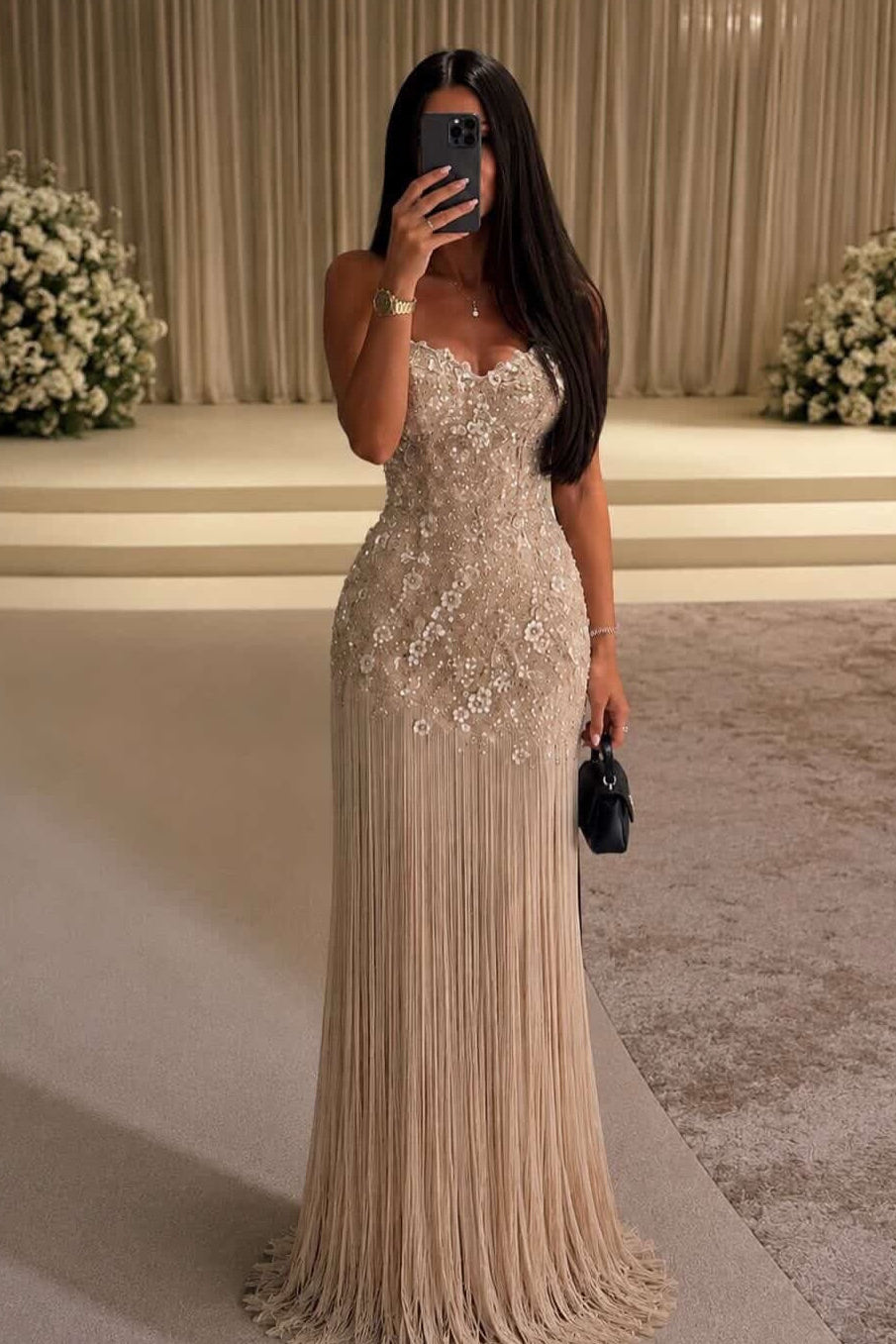 Embellished Fringe Strapless Evening Gown