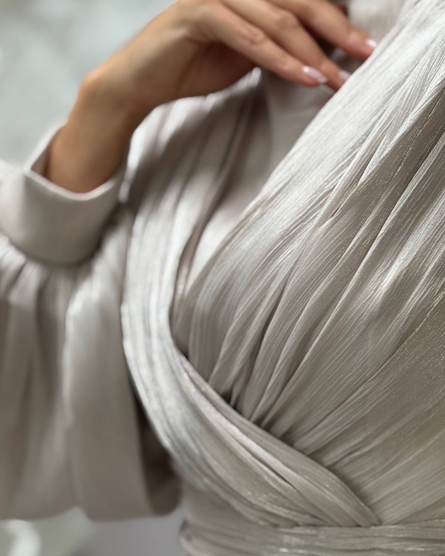 Elegant High-Neck Draped Evening Gown with Balloon Sleeves