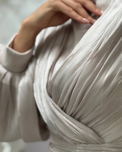 Elegant High-Neck Draped Evening Gown with Balloon Sleeves