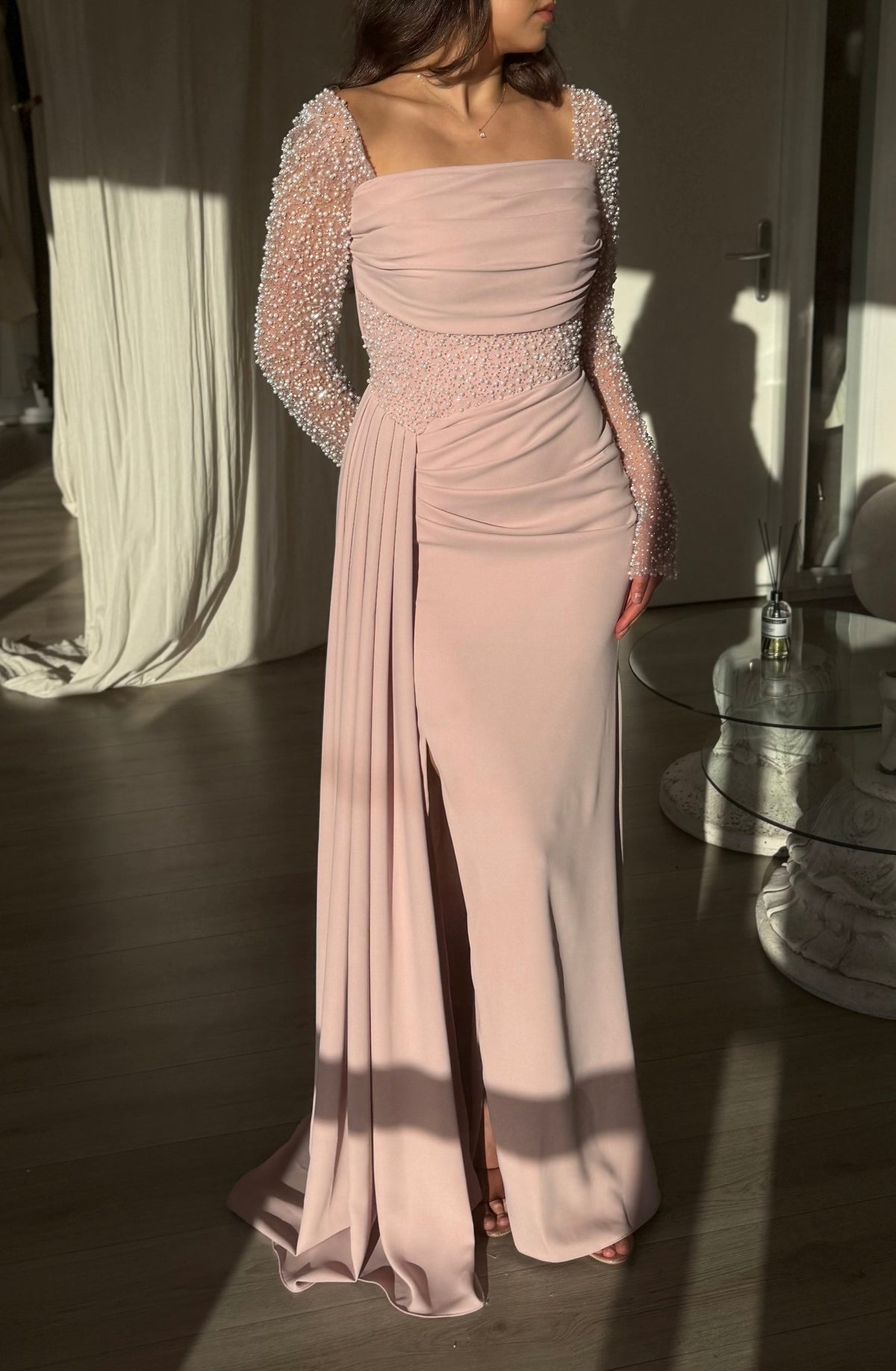 Square Neck Beaded Sleeve Gown with Side Drape