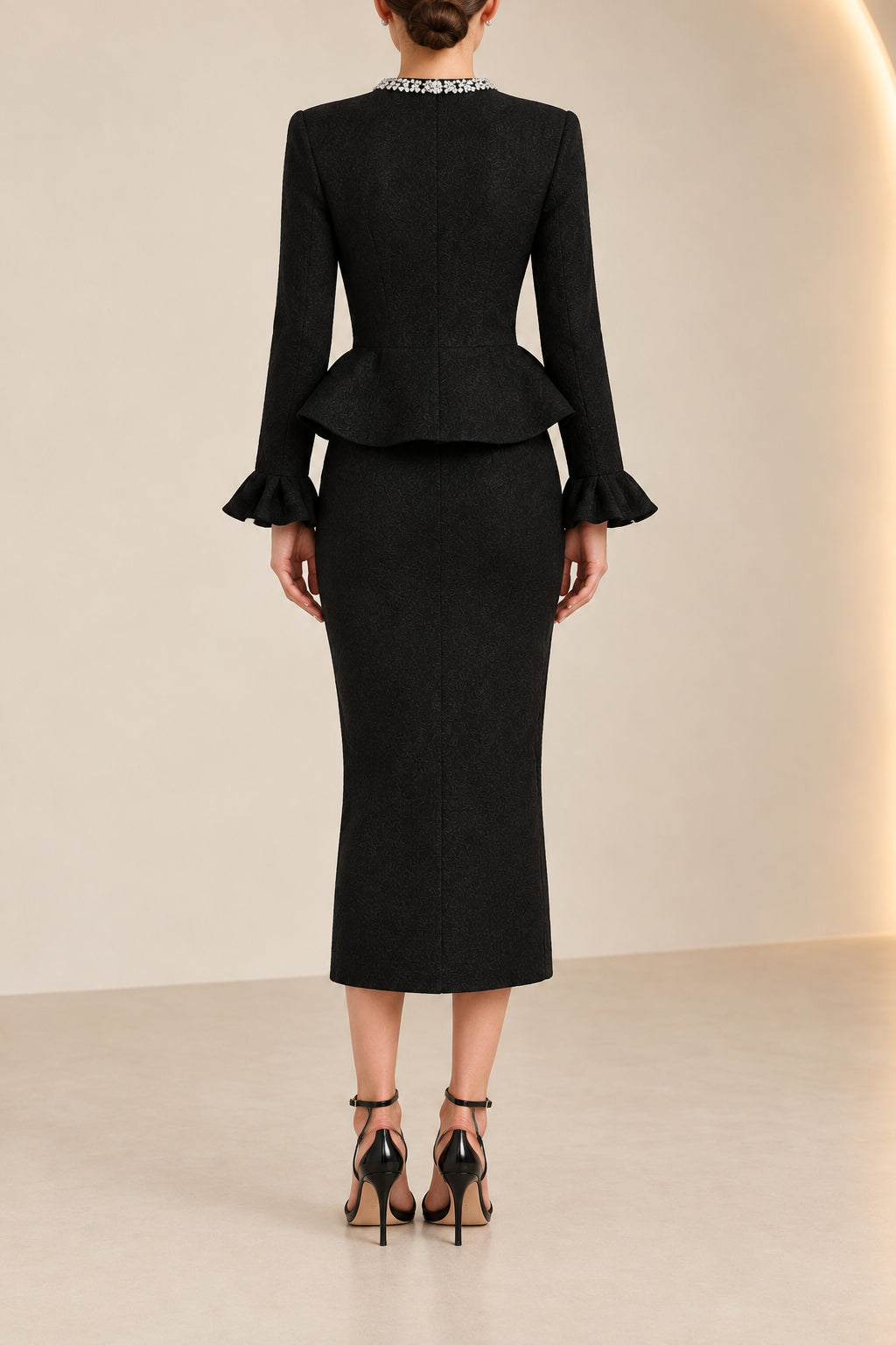 Embellished Peplum Jacket and Midi Skirt Set