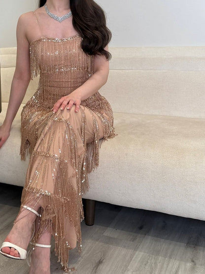 Tiered Fringe Sequin Column Maxi Dress