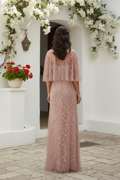 Embroidered Capelet A-Line Evening Dress