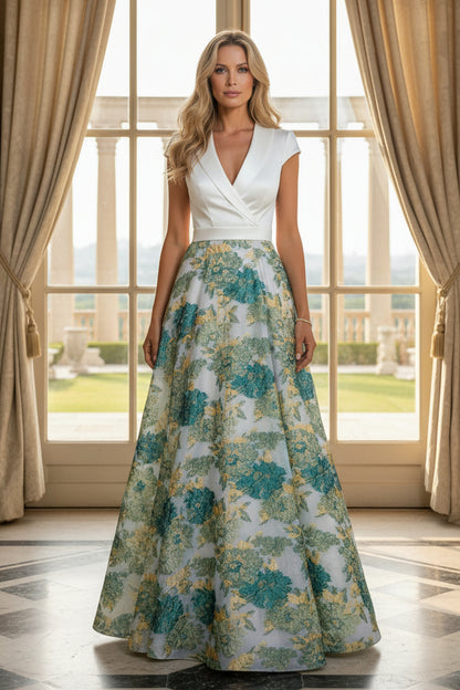 Floral Jacquard A-Line Gown with Satin Wrap Bodice