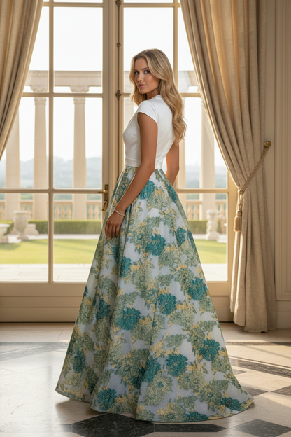 Floral Jacquard A-Line Gown with Satin Wrap Bodice