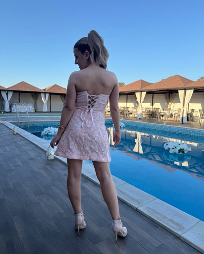 Strapless Jacquard Mini Dress with Lace-Up Back
