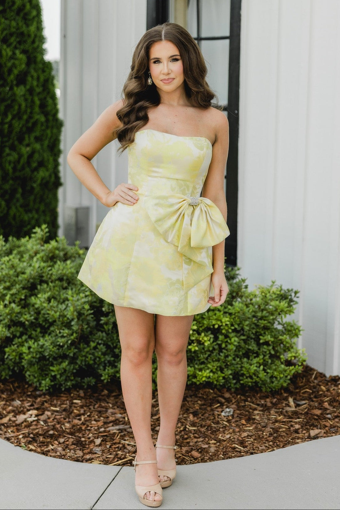 Strapless Jacquard Mini Dress with Bow Detail