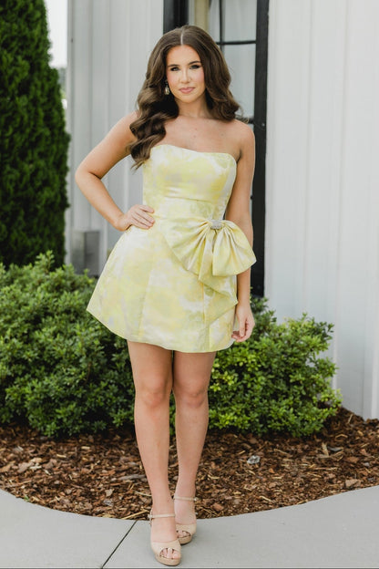 Strapless Jacquard Mini Dress with Bow Detail