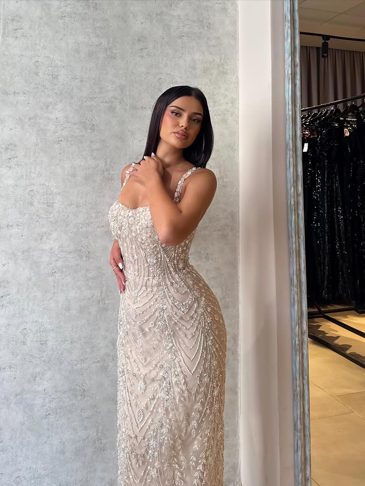 Heavily Beaded Corset Column Evening Gown