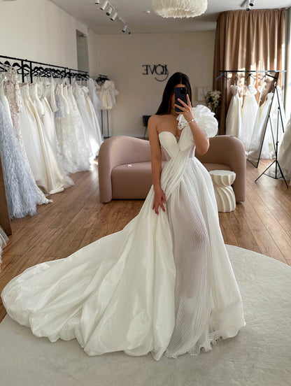Pleated One-Shoulder Ball Gown Wedding Dress