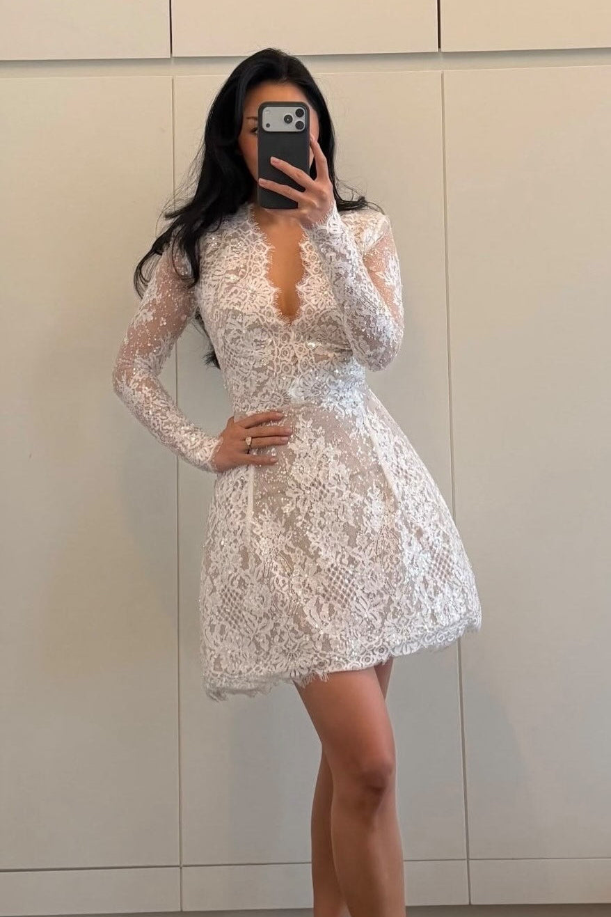 Long Sleeve Deep V-Neck Lace Mini Dress
