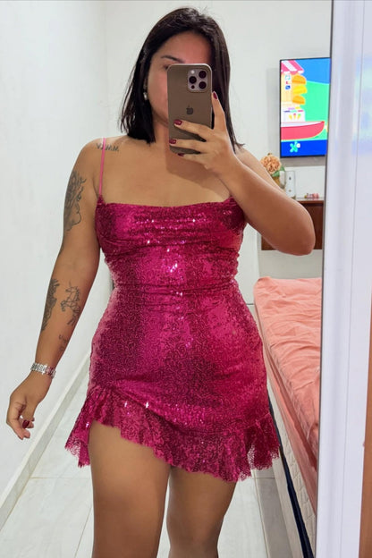 Cowl Neck Sequin Mini Dress with Lace-Up Back