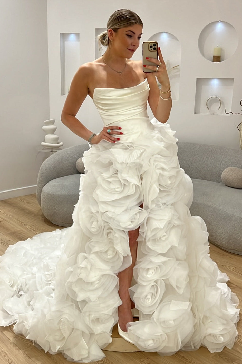Strapless Ruched High-Low Floral Wedding Dress