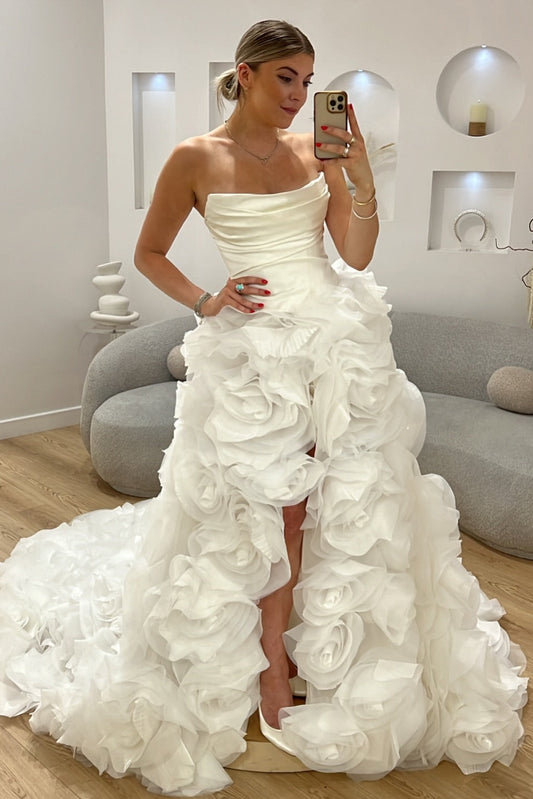 Strapless Ruched High-Low Floral Wedding Dress