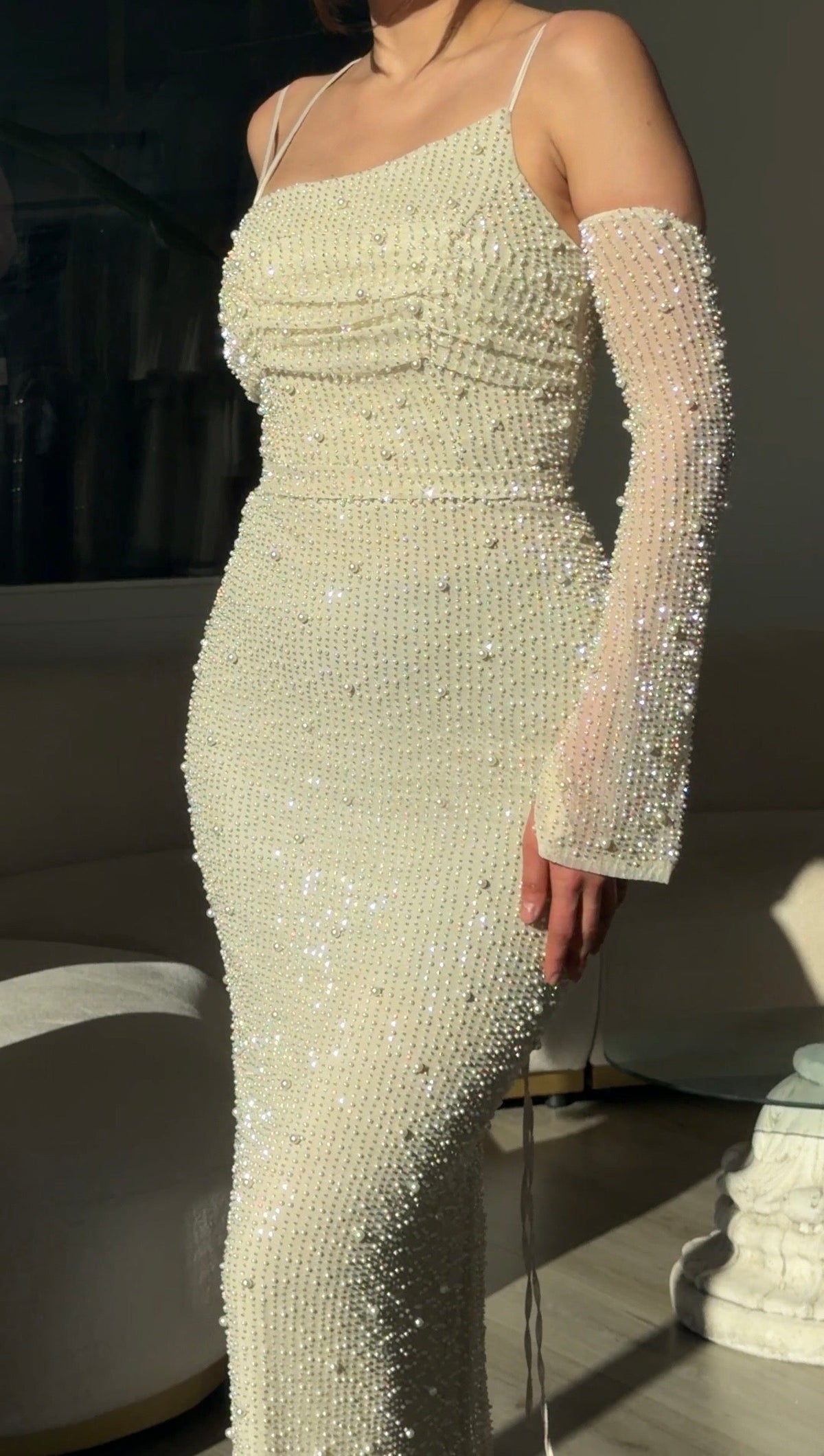 Pearl Embellished Gown with Detachable Sleeves
