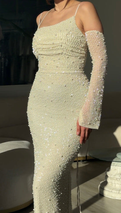 Pearl Embellished Gown with Detachable Sleeves