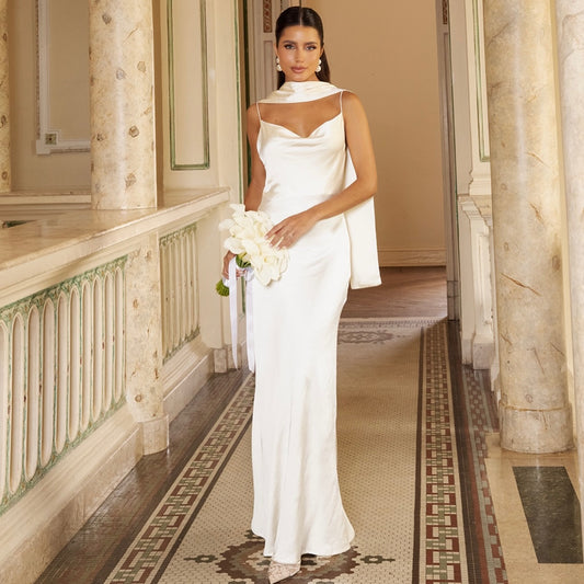 Cowl Neck Satin Slip Wedding Dress with Cape