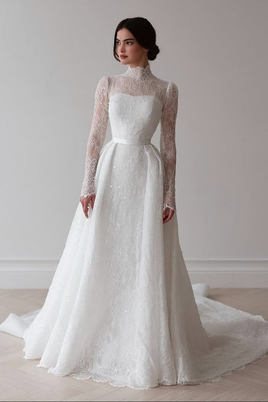High Neck Lace A-Line Wedding Dress