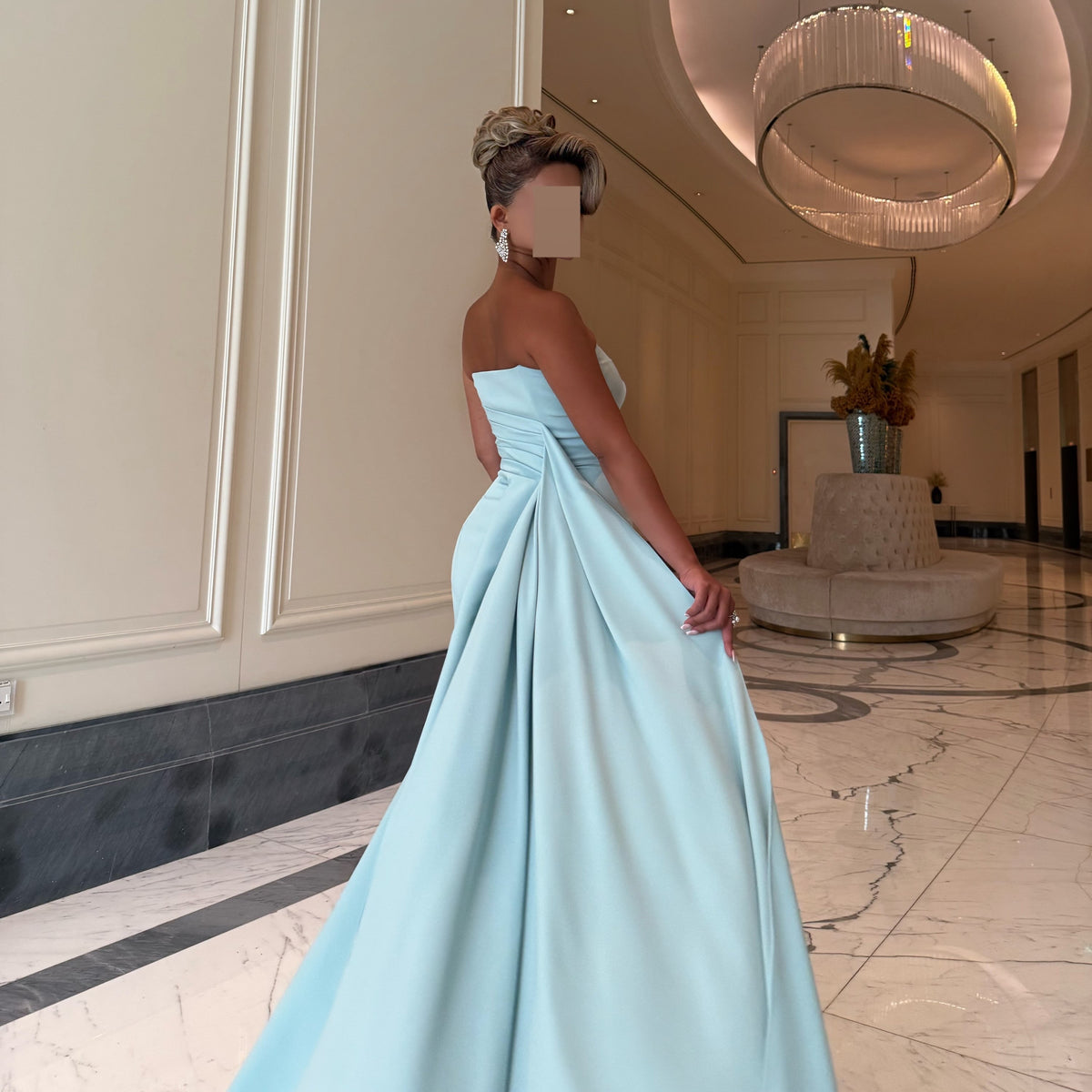 Strapless Asymmetric Bodice Gown with Back Train