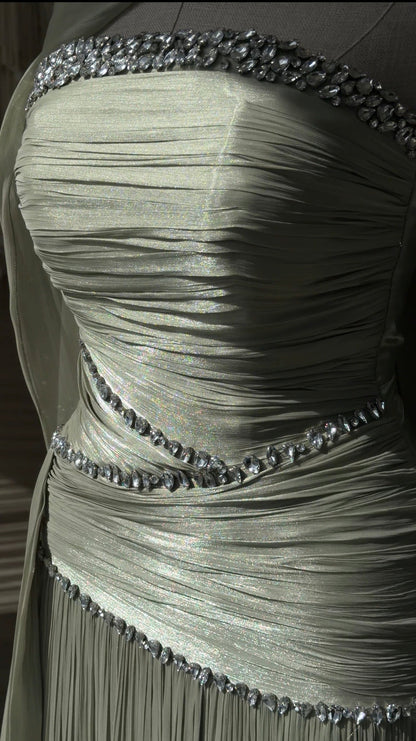Ruched Column Gown with Draped Cape and Crystal Trim
