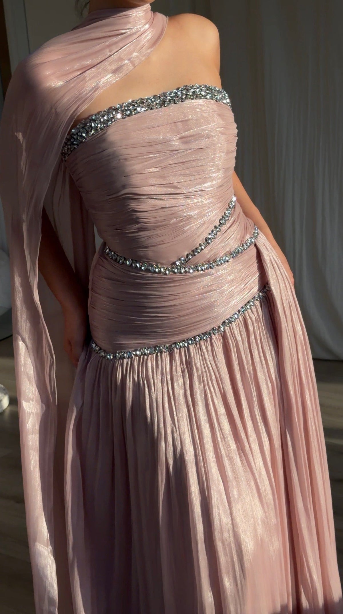 Ruched Column Gown with Draped Cape and Crystal Trim