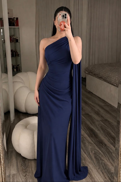 One Shoulder Ruched Evening Gown with Shoulder Drape
