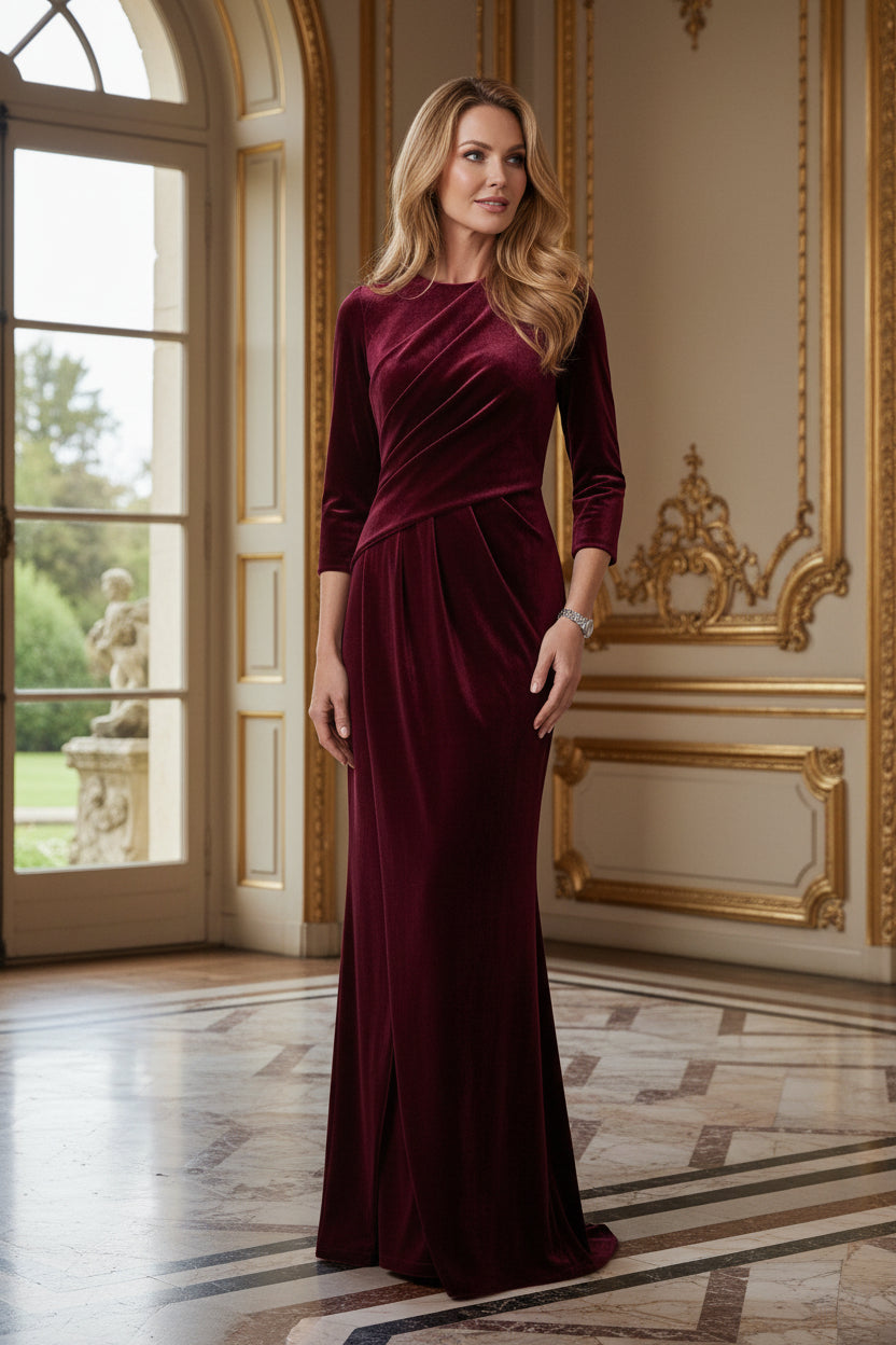 Pleated Velvet Column Gown with 3/4 Sleeves