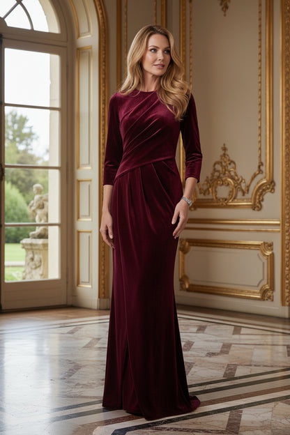 Pleated Velvet Column Gown with 3/4 Sleeves