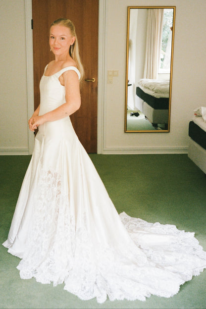 Satin A-Line Wedding Dress with Lace Train