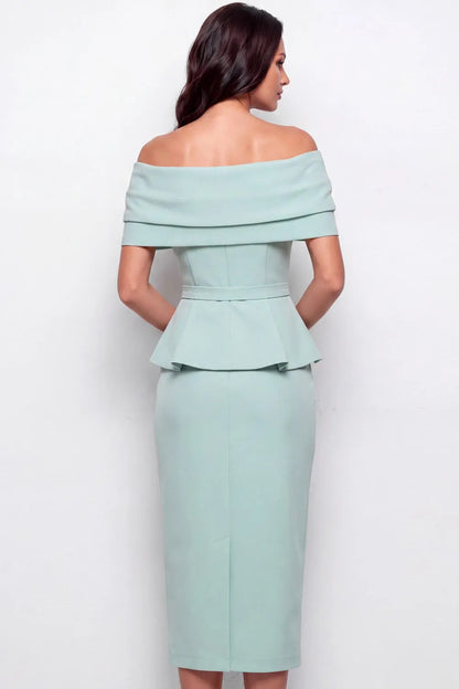 Off-the-Shoulder Peplum Midi Sheath Dress