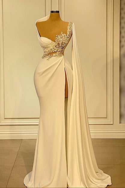 Beaded Cutout Asymmetrical Gown with Draped Cape