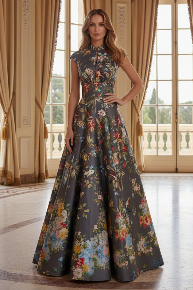 Floral Print Maxi Dress with High Neck and Cap Sleeves