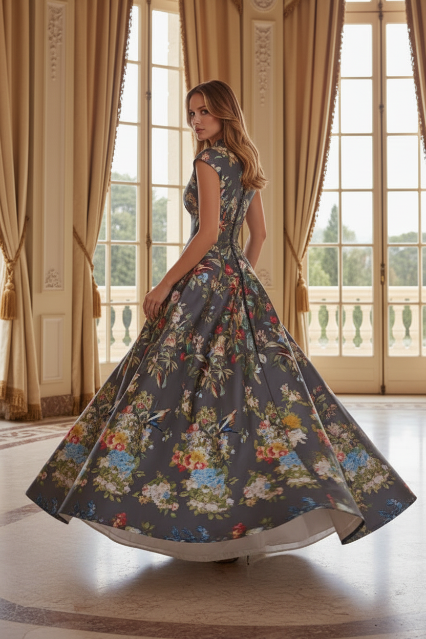 Floral Print Maxi Dress with High Neck and Cap Sleeves