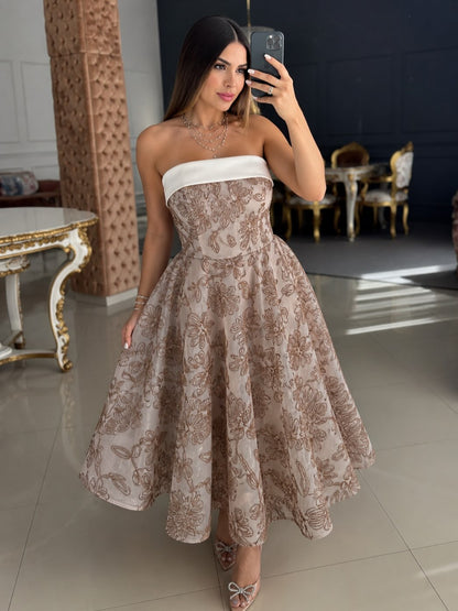 Strapless Floral Lace A-Line Midi Dress