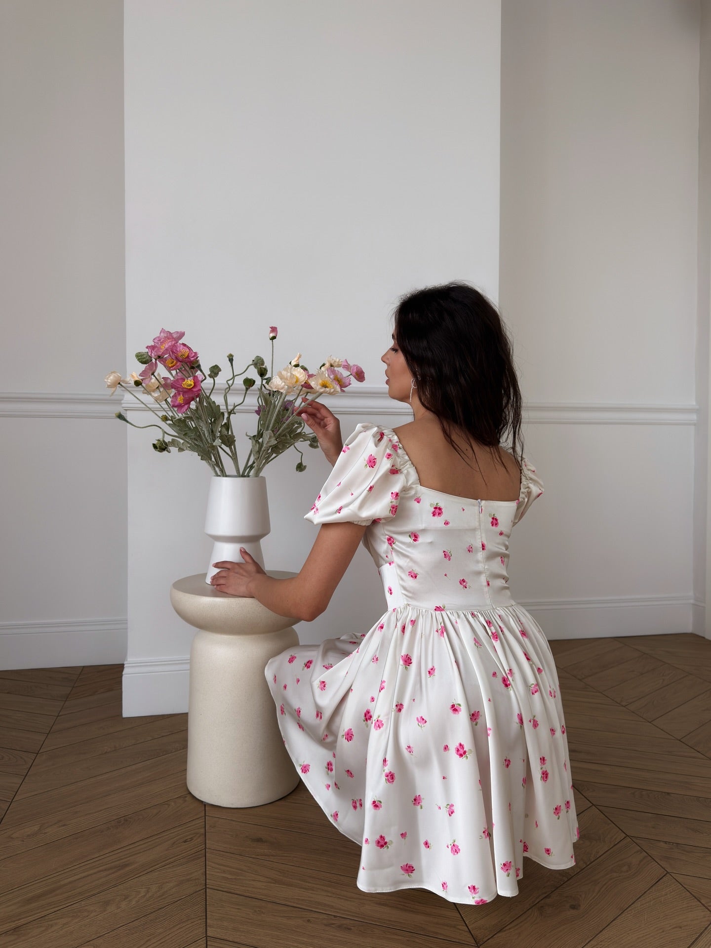 Floral Off-the-Shoulder Satin Mini Dress