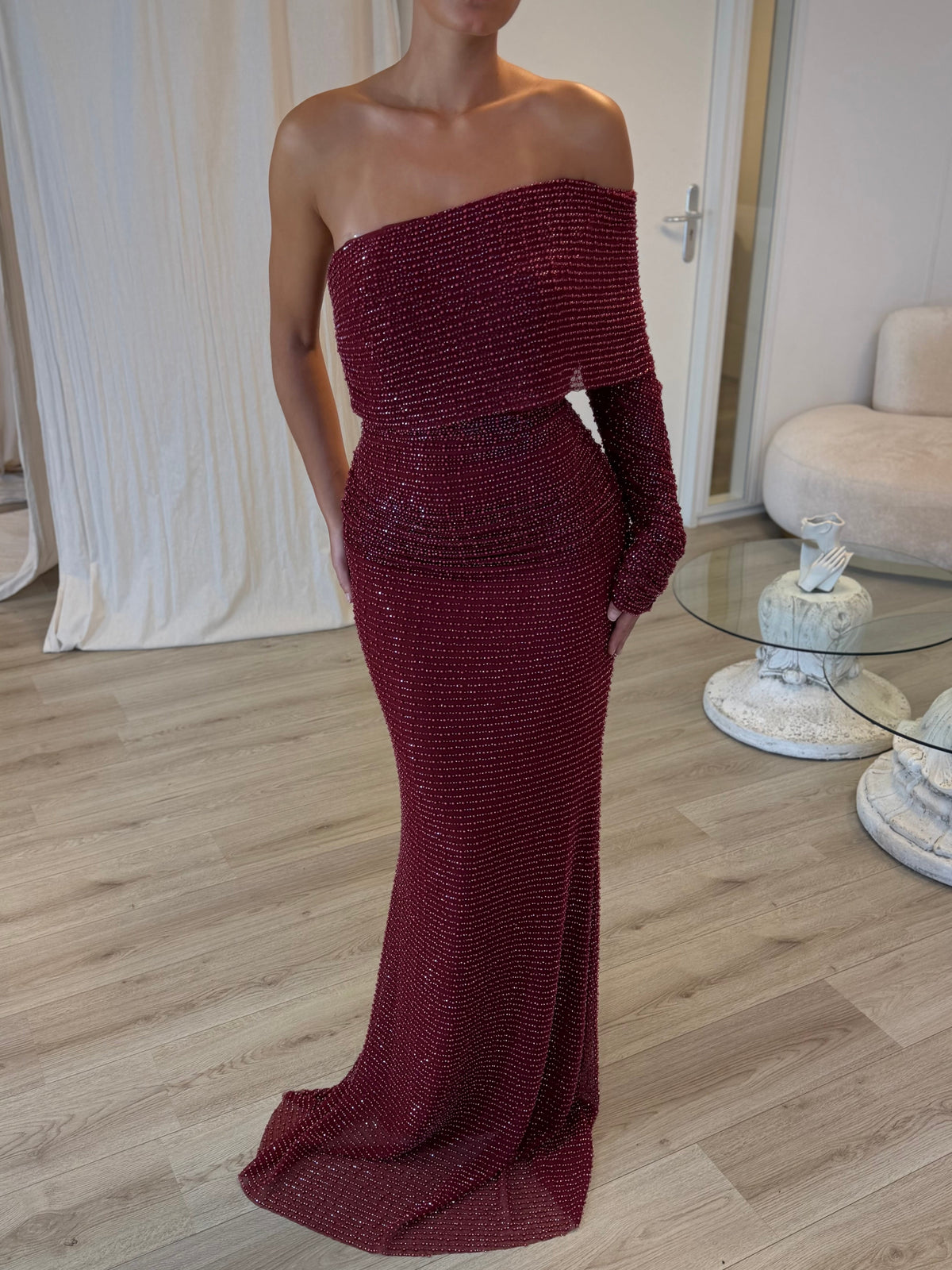 One-Shoulder Beaded Mermaid Evening Gown