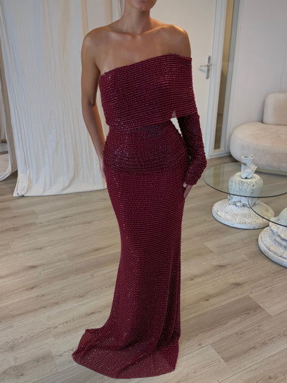 One-Shoulder Beaded Mermaid Evening Gown