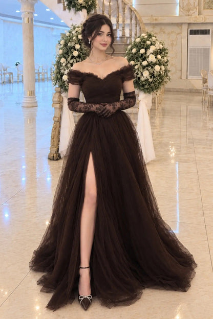 Off-the-Shoulder Tulle A-Line Gown with Slit