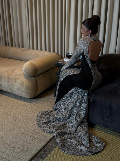 Open Back Mermaid Evening Gown with Bell Sleeves