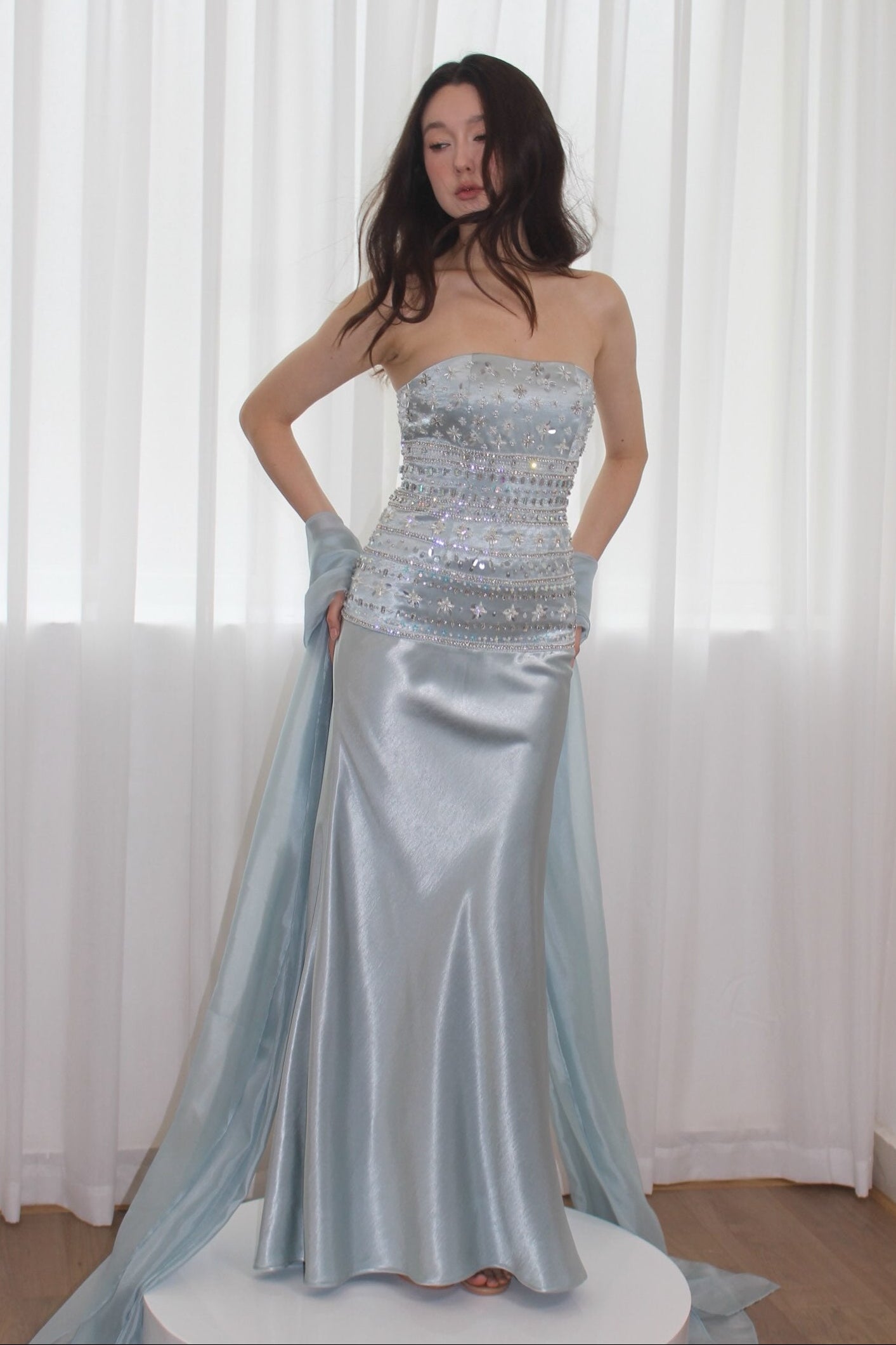 Strapless Beaded Bodice Satin Gown with Chiffon Streamers