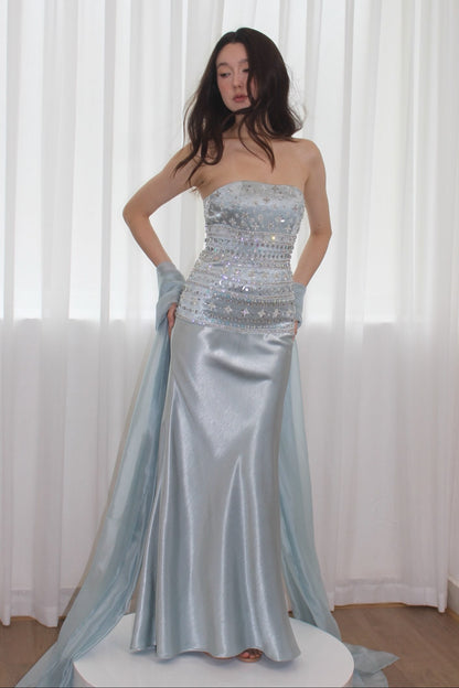 Strapless Beaded Bodice Satin Gown with Chiffon Streamers