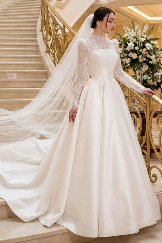 High Neck Lace Long Sleeve Satin A-Line Wedding Dress