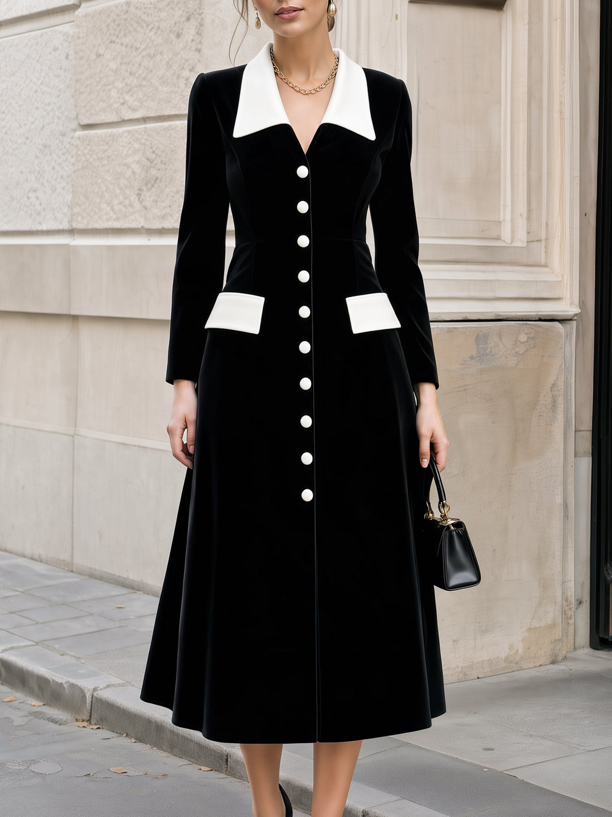 Contrast Collar Velvet Long Sleeve Midi Dress