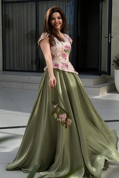 Embroidered Floral Peplum A-Line Evening Dress