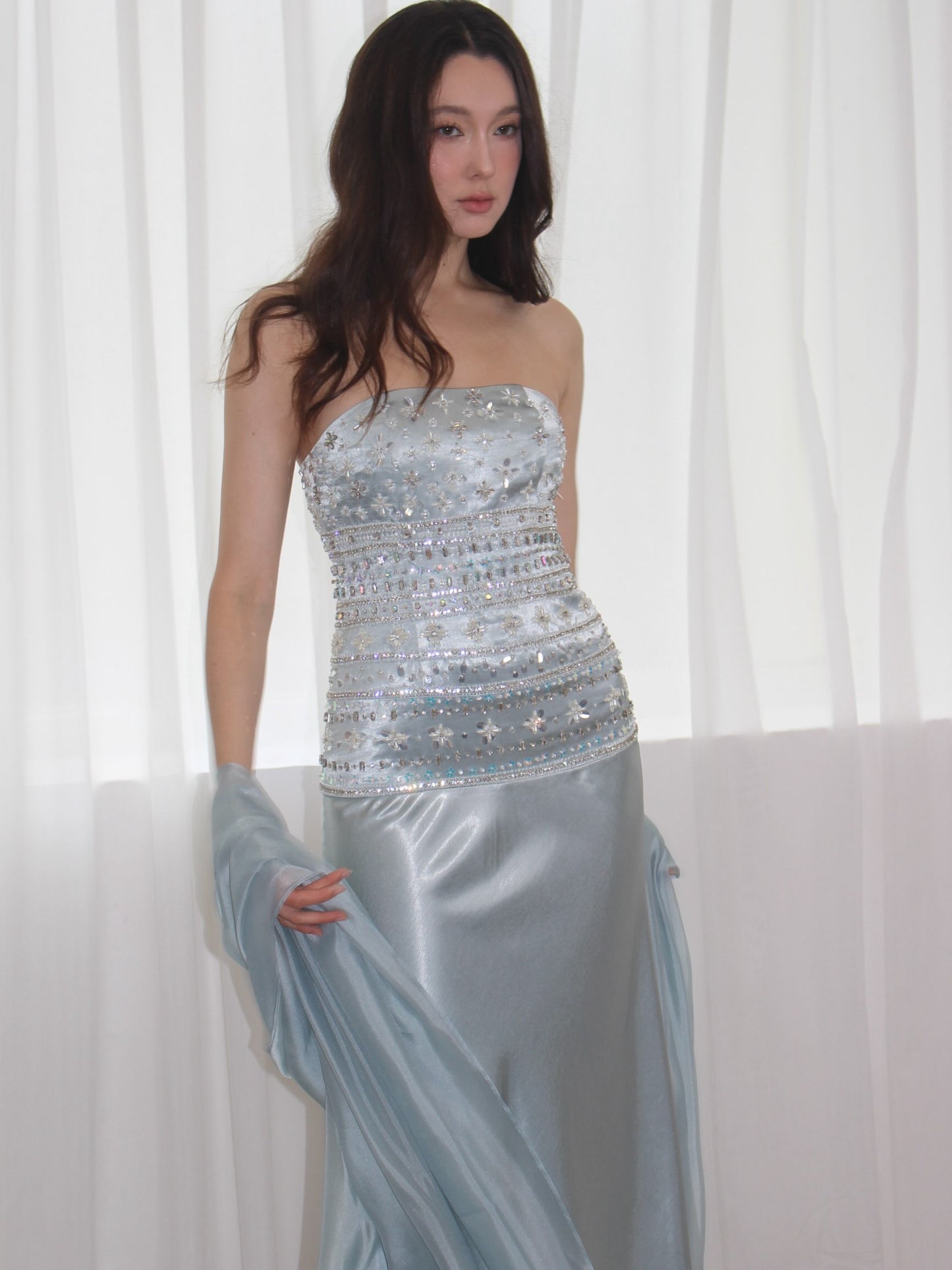 Strapless Beaded Bodice Satin Gown with Chiffon Streamers
