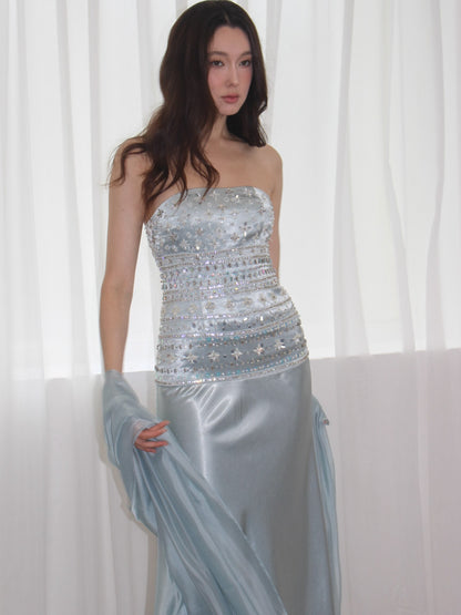 Strapless Beaded Bodice Satin Gown with Chiffon Streamers
