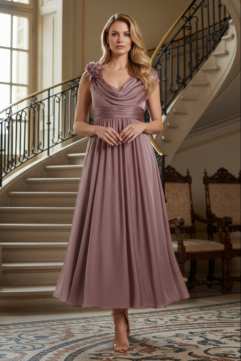 Cowl Neck Chiffon Midi Dress with 3D Flower