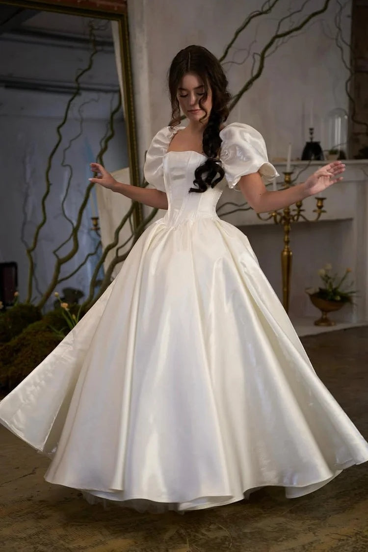 Square Neck Corset Ball Gown with Puff Sleeves