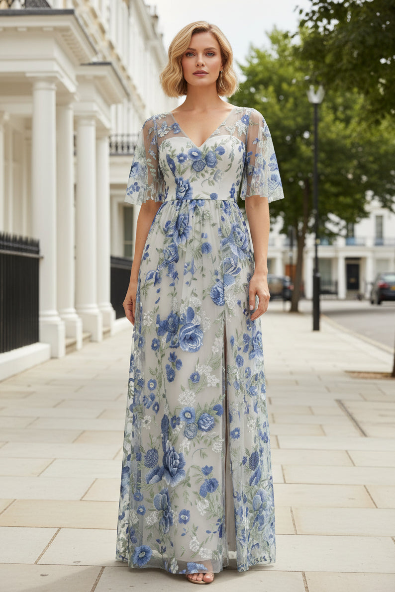 Floral Embroidered Gown with Illusion Sleeves & High Slit