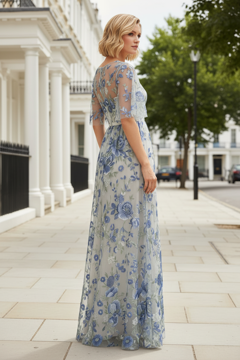 Floral Embroidered Gown with Illusion Sleeves & High Slit